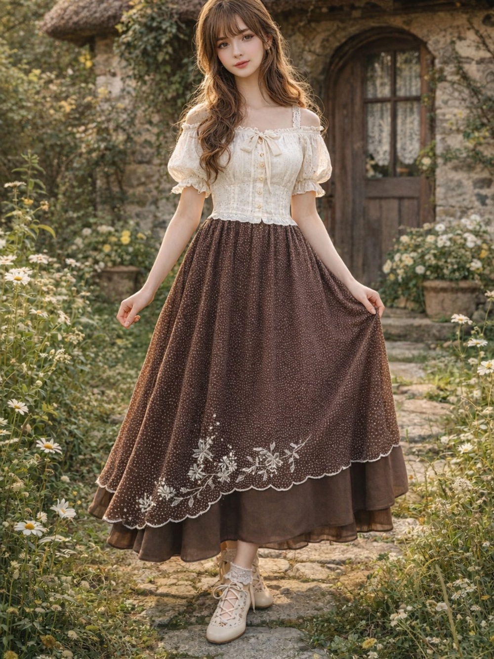Vintage maxi skirt S/M brown/white polkadots tiered layers embroidery florals